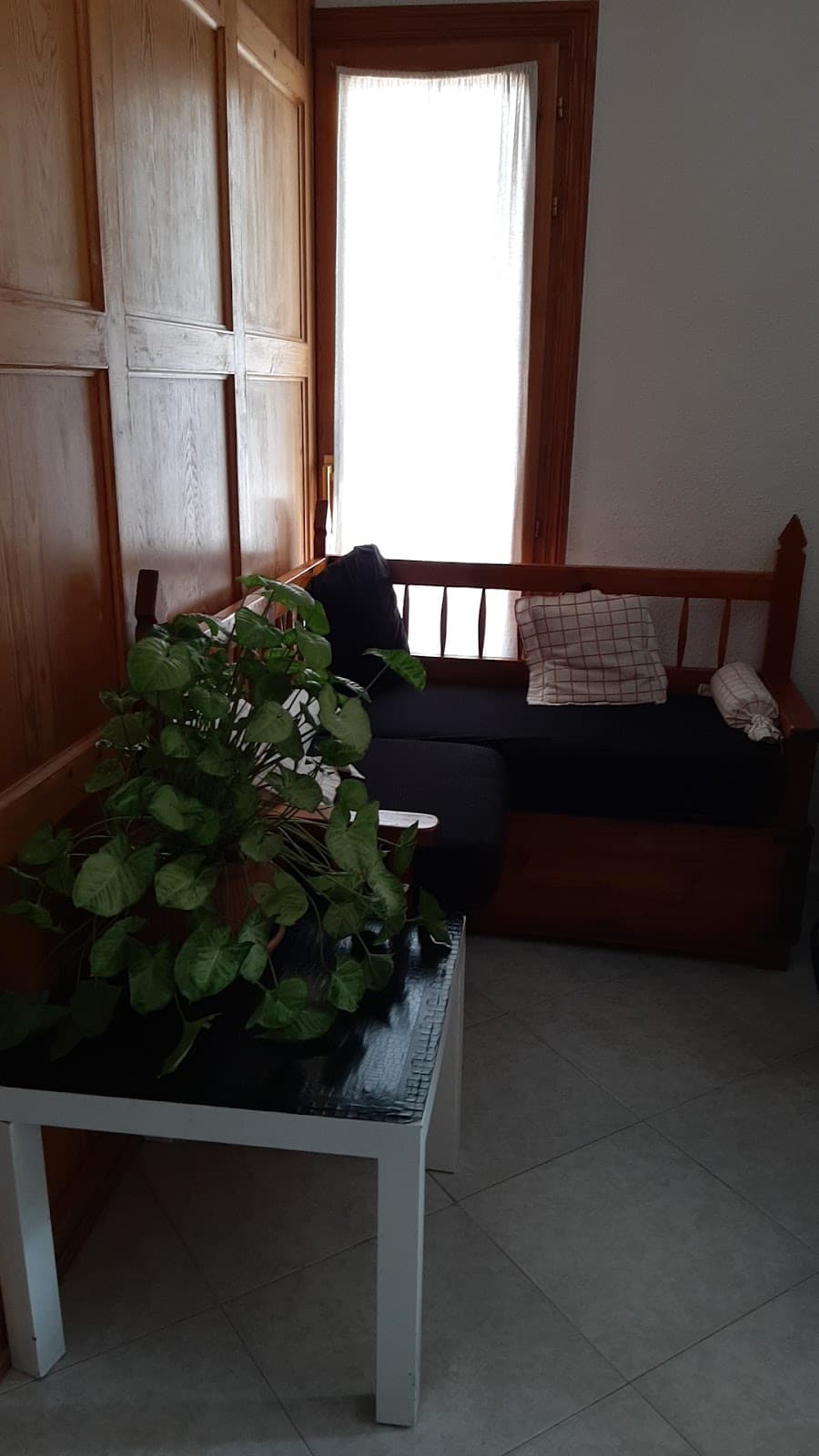 Rincón de espera con sofá, planta y ventana